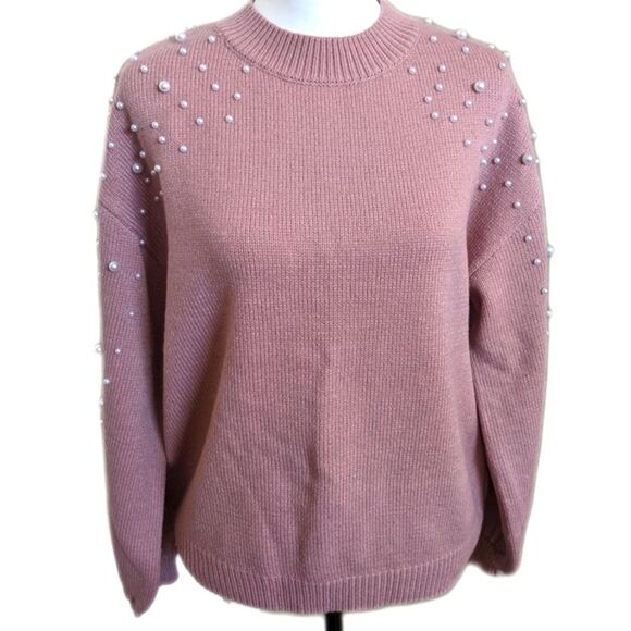 B soft mock turtleneck sweater, mauve pink, balloon sleeve w/ white pearls M - Picture 1 of 6